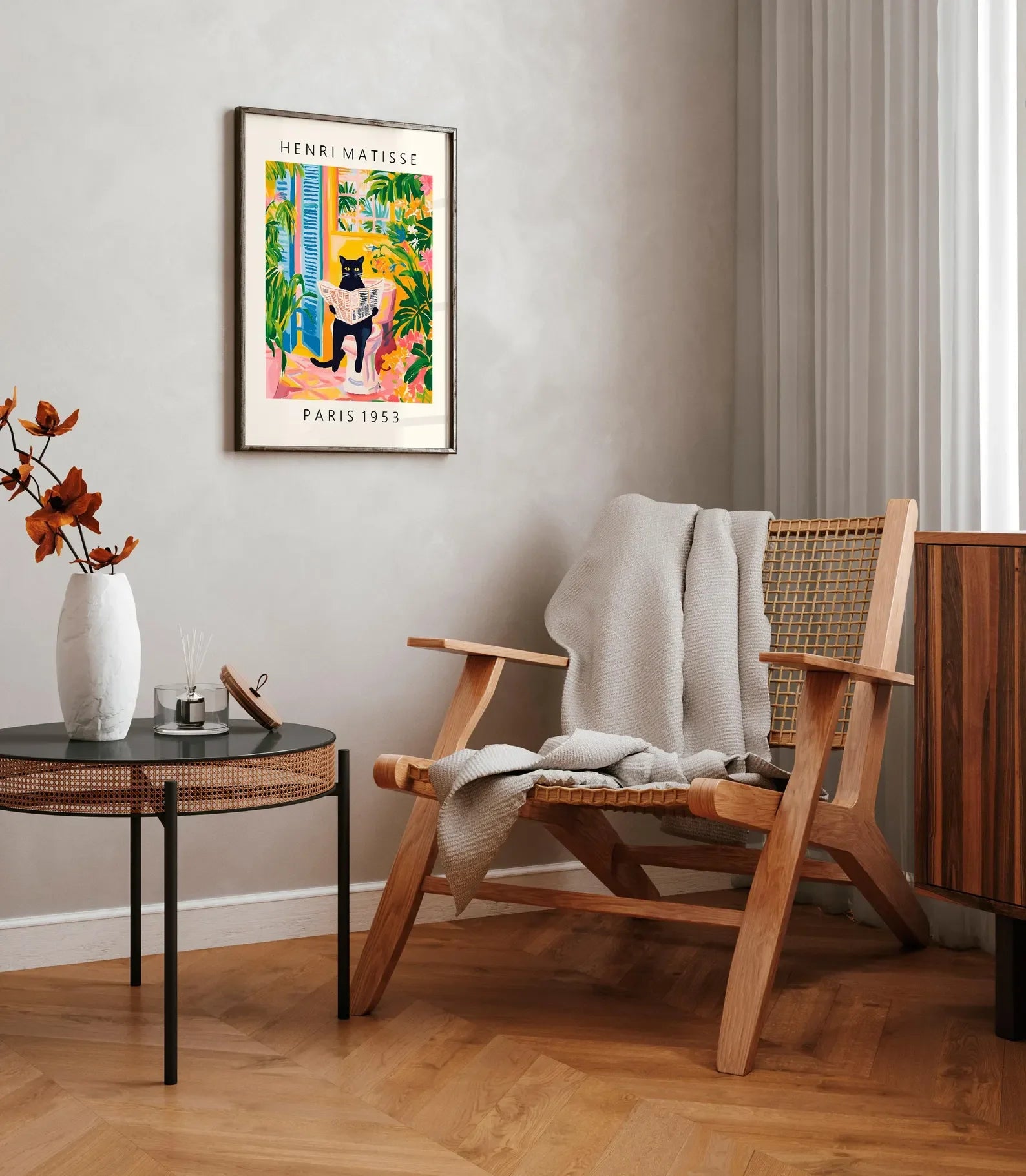 Gato negro en el inodoro, arte de pared para baño, póster de Matisse, decoración de baño divertida, decoración tropical rosa