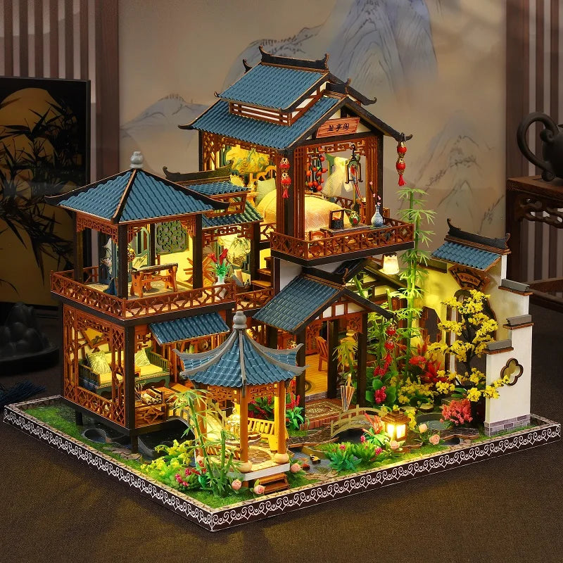 Kit de construction miniature Pavillon d'orchidées élégant DIY - Modèle 3D fait main style Ancien chinois, créatif Noël noir