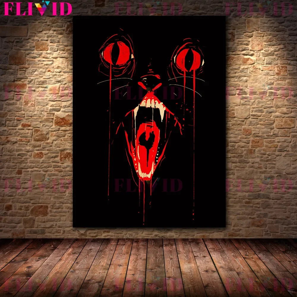 El lobo devora el cordero y el cuervo sangriento de la luna llena arte de pared vintage, animales de terror, póster e impresión de arte de minimalismo