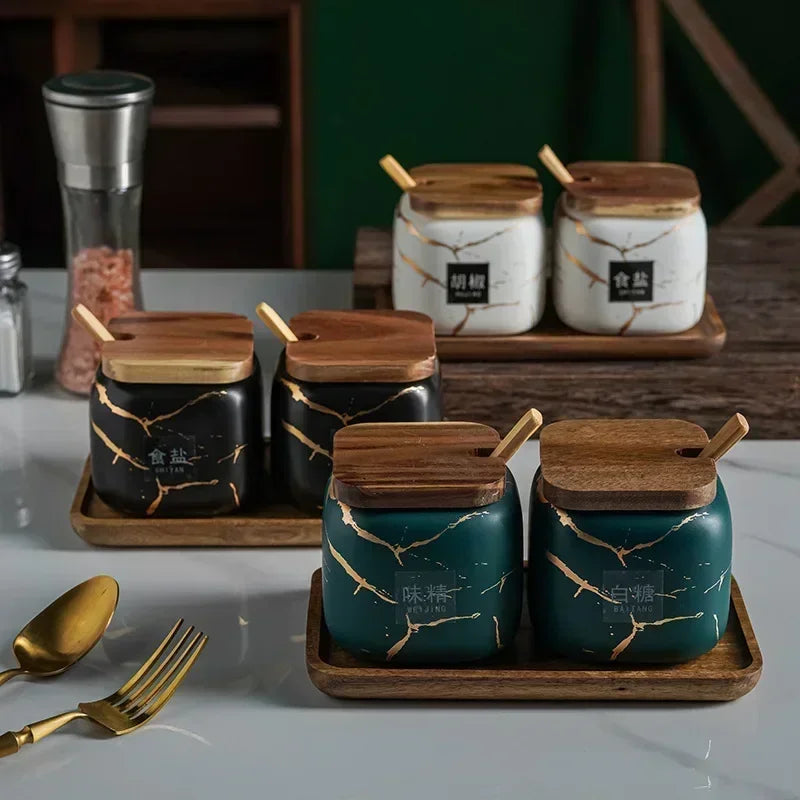 Juego de dos tarros de condimentos esmerilados para cocina japonesa, de cerámica con diseño de mármol, combinado, para sal, azúcar y especias.