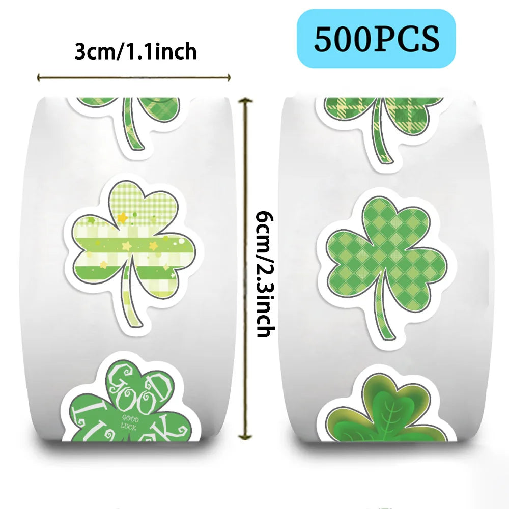 500 autocollants verts en rouleau Trèfle de dessin animé Décoratifs pour carnet Papeterie Récompense Autocollants imperméables