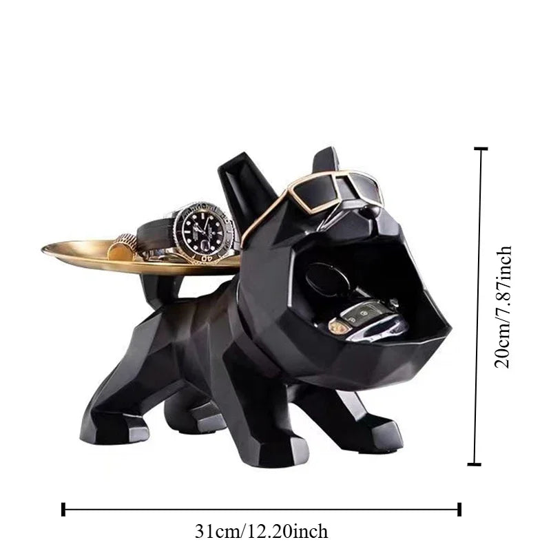 Artesanía de Bulldog de Resina Fresca, Mayordomo de Perro Matón con Bandeja para Llavero, Almacenamiento de Joyas, Estatua Decorativa para el Hogar, Escultura de Animales