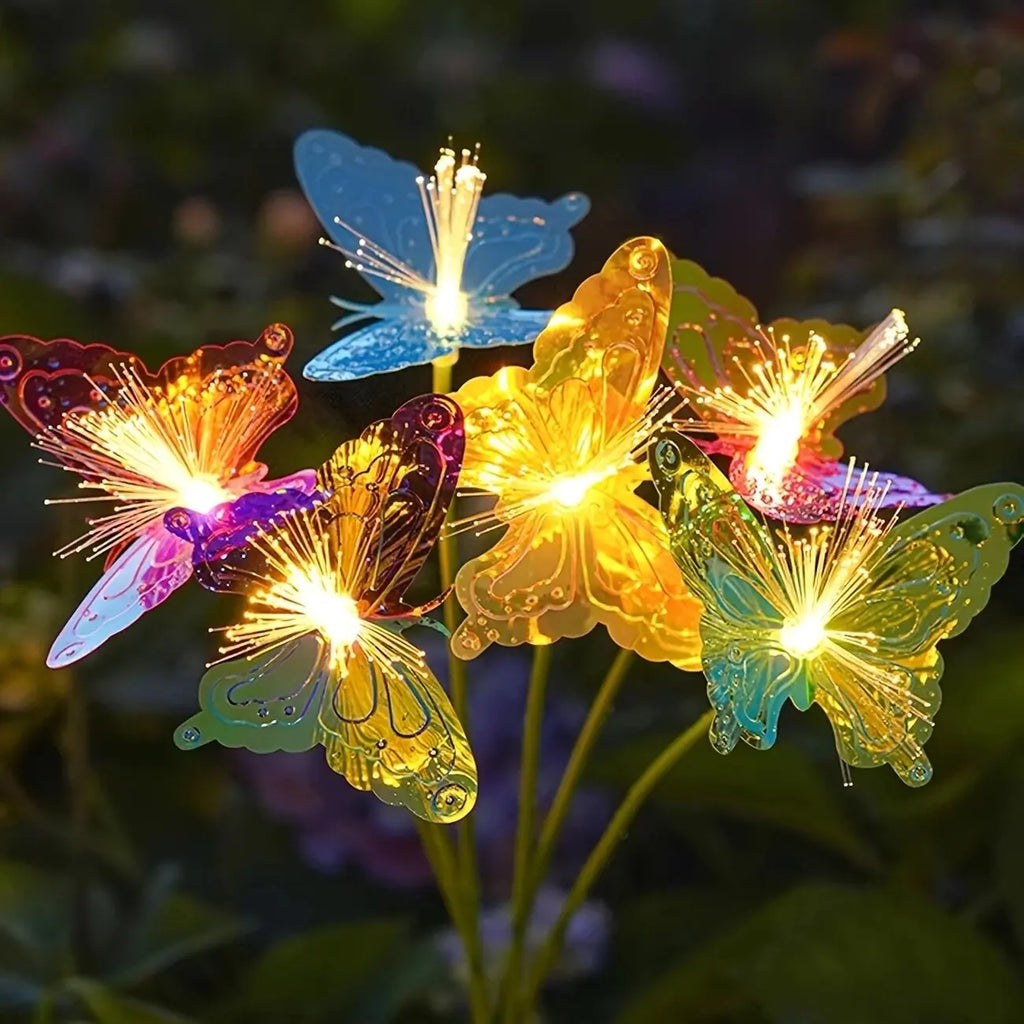 1 lampe solaire à fibre optique LED papillon à 6 têtes, 2 modes d'éclairage d'ambiance extérieur idéal pour jardin, allées, pelouse, patio, cour