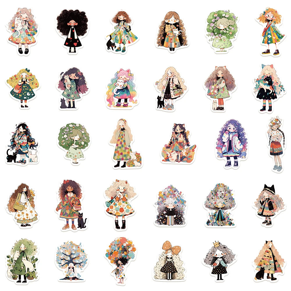 10/30/50 pegatinas de dibujos animados bonitos de niña, anime, calcomanías estéticas para nevera, portátil, teléfono, álbum de recortes, diario, decoración, juguete para niños