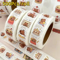 Rollo de 500 pegatinas de capibara de PVC impermeable, autoadhesivas, con diseño de animales y comida, perfectas para portátiles, álbumes de recortes y teléfonos.