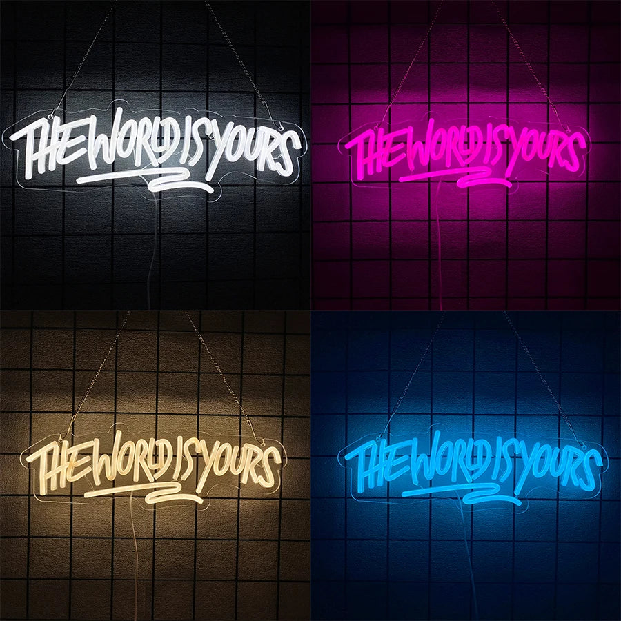Enseigne néon "The World Is Yours", icône de lettre LED, alimentée par USB, utilisée pour la chambre, la maison, un rendez-vous de la Saint-Valentin, la décoration de fond de mariage.