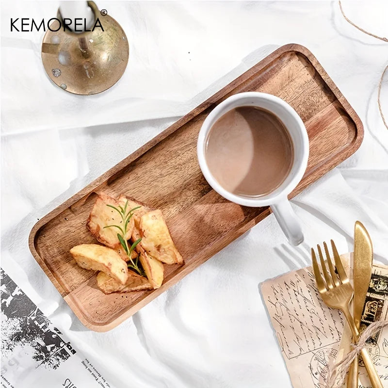 KEMORELA 1PCS Plateau à café en bois d'acacia Plateau alimentaire pour tasses Plateaux décoratifs en bois Plateau à dessert en bambou Plateau à thé Gongfu