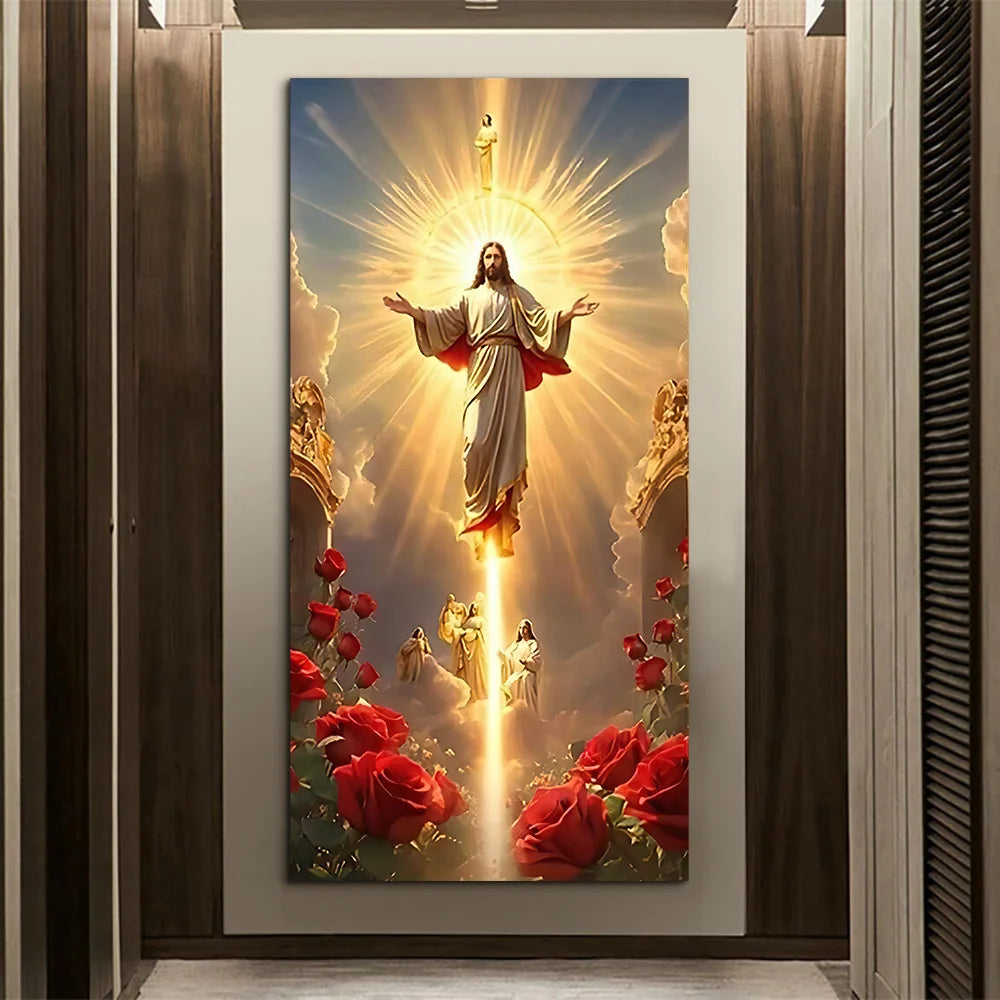 Classic Vintage Wall Art Jesus Ascension with Rose Scene, HD Canvas Print Poster, Home Living Room Bedroom Decoration