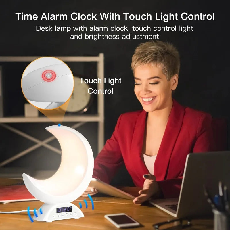 Linda lámpara de ambiente lunar con atenuación táctil, reloj, luz que cambia de color RGB, altavoz Bluetooth, reproducción de música, luz nocturna para dormitorio del hogar