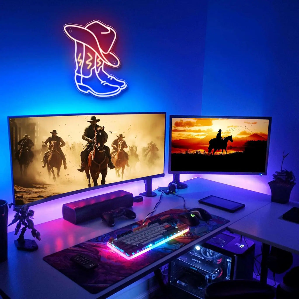Enseigne néon LED Bottes de Cowboy Lumière néon Cowboy Western Décoration murale pour Chambre Bar Bureau Cadeau d'anniversaire Noël pour les amateurs de rodéo