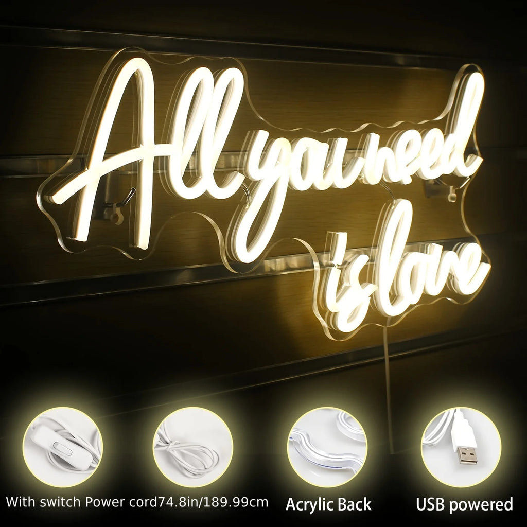 Letrero de neón "All You Need Is Love" Luz de neón LED Decoración de pared para dormitorio Fiesta Cumpleaños Boda Regalo para amigo Alimentado por USB