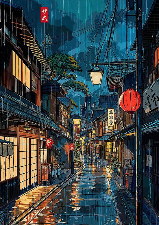 Tokio Paisaje Anime Ilustración Lámina Póster Escena Nocturna Japonesa Fuji Estilo Pintura Vintage Arte Decorativo Lienzo Arte de Pared Retro
