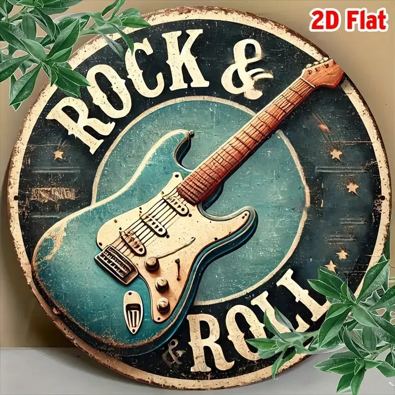 Señal de hojalata de metal de aluminio, con temática de guitarra de rock and roll, 2D PLANA, 1 pieza, arte de pared grabado en lámina para el hogar y la oficina