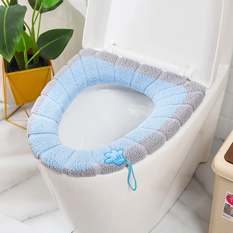 Funda de asiento de inodoro cálida de invierno, alfombrilla de inodoro para baño con asa, cojín grueso suave lavable, accesorios para calentador de inodoro