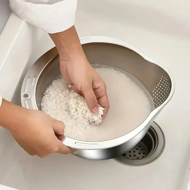 Tazón colador de arroz de acero inoxidableTazón para lavar arroz Colador de arroz Colador de frutas y verduras Herramientas de cocina