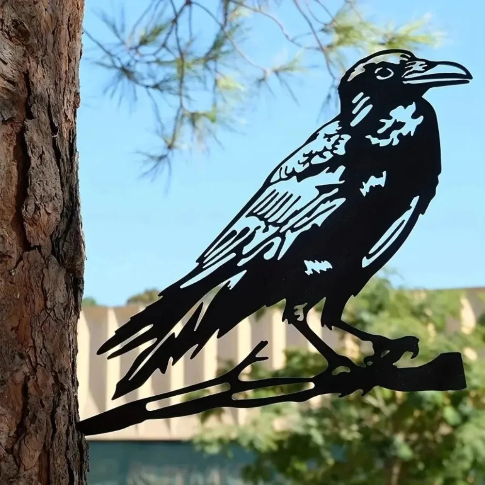 Decoración de jardín con árbol y pájaros de metal - Escultura de acero con siluetas de cuervo y búho, decoración de jardín exterior resistente a la intemperie