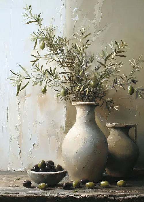 Jarrón de flores de naturaleza muerta, decoración de pared de pintura botánica vintage, jarrones antiguos vintage, impresiones estéticas, pintura de lienzo de olivo