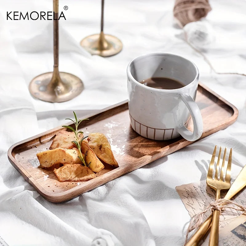 KEMORELA 1PCS Plateau à café en bois d'acacia Plateau alimentaire pour tasses Plateaux décoratifs en bois Plateau à dessert en bambou Plateau à thé Gongfu