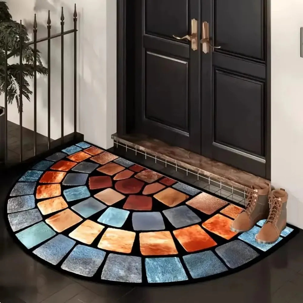 Felpudo de entrada semicircular estilo vintage americano VIKAMA, patrón de mosaico de azulejos de piedra de colores, alfombra antideslizante y absorbente, decoración del hogar