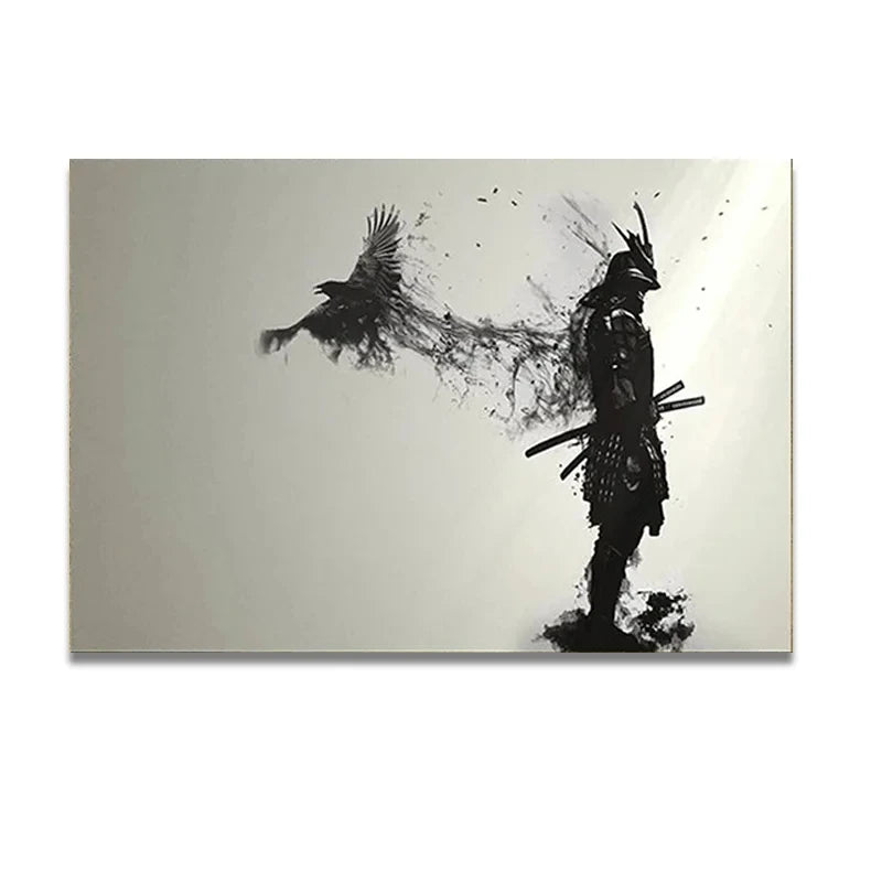Affiches et impressions murales d'homme samouraï noir japonais en noir et blanc avec corbeaux, tableau sur toile pour salon, décorations Cuadros