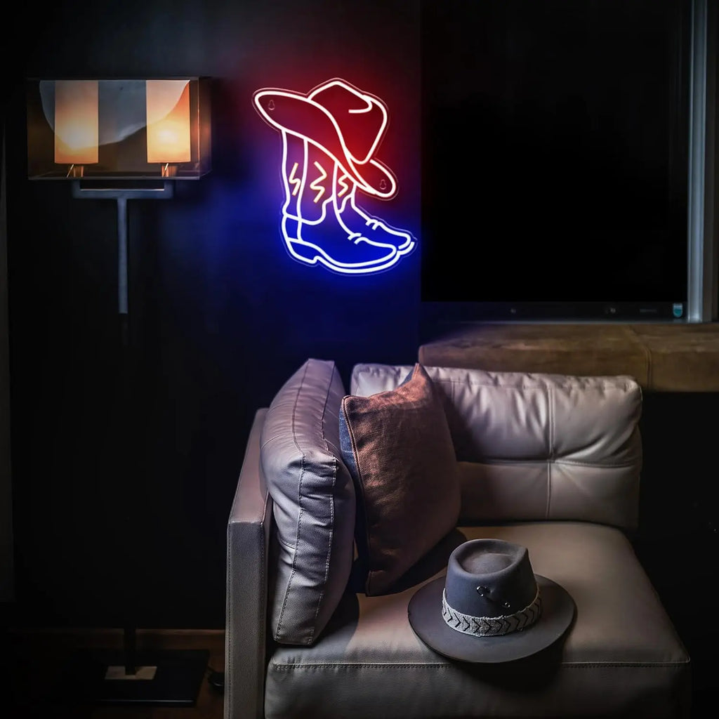 Enseigne néon LED Bottes de Cowboy Lumière néon Cowboy Western Décoration murale pour Chambre Bar Bureau Cadeau d'anniversaire Noël pour les amateurs de rodéo