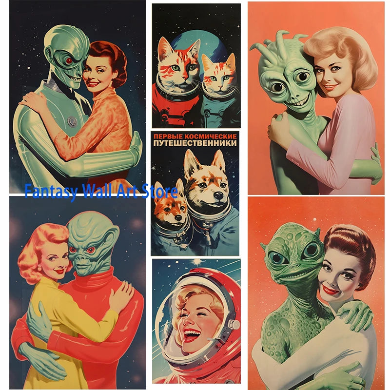 Póster Artístico de Viajes Espaciales, Cómic Vintage, Póster Alienígena Divertido, Alienígena con Decoración Humana para Pared, Humor de Bar, Decoración Retro, Lienzo Impreso de los 90