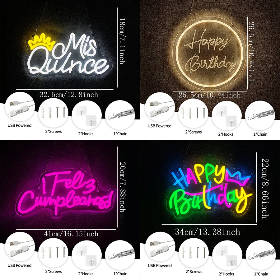 Letrero de Neón con Temática de Cumpleaños, Lámpara LED de Letras para Decoración de Pared, Alimentación USB, Fiesta en Casa, Decoración de Fiesta de Cumpleaños, Fácil de Colgar.