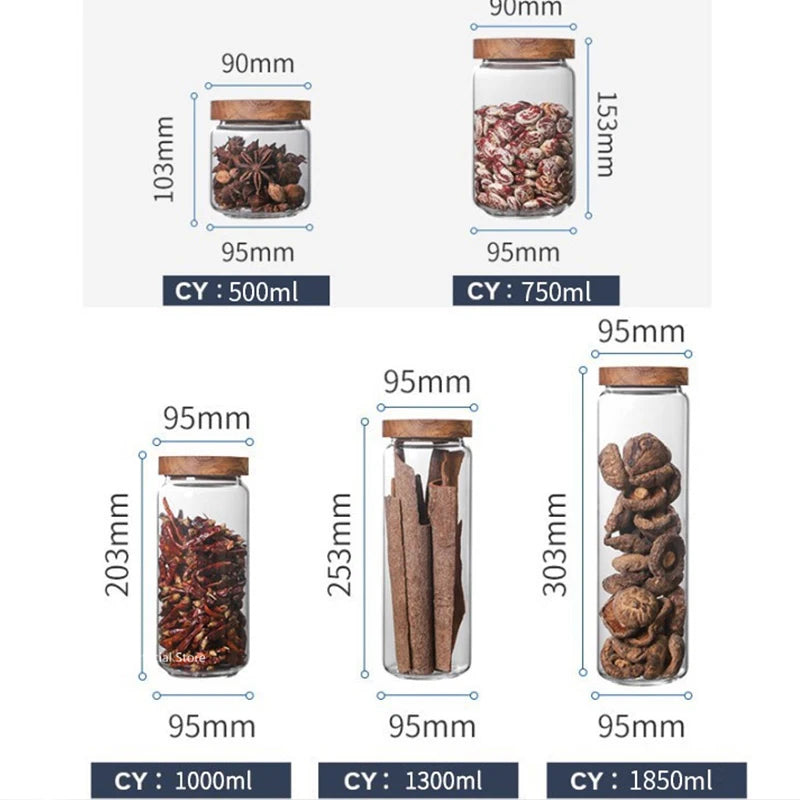 Botes de Cristal Herméticos con Tapa de Madera para Almacenamiento en Cocina, Frascos Contenedores de Alimentos, Granos, Té, Café en Grano, Cereales, Dulces