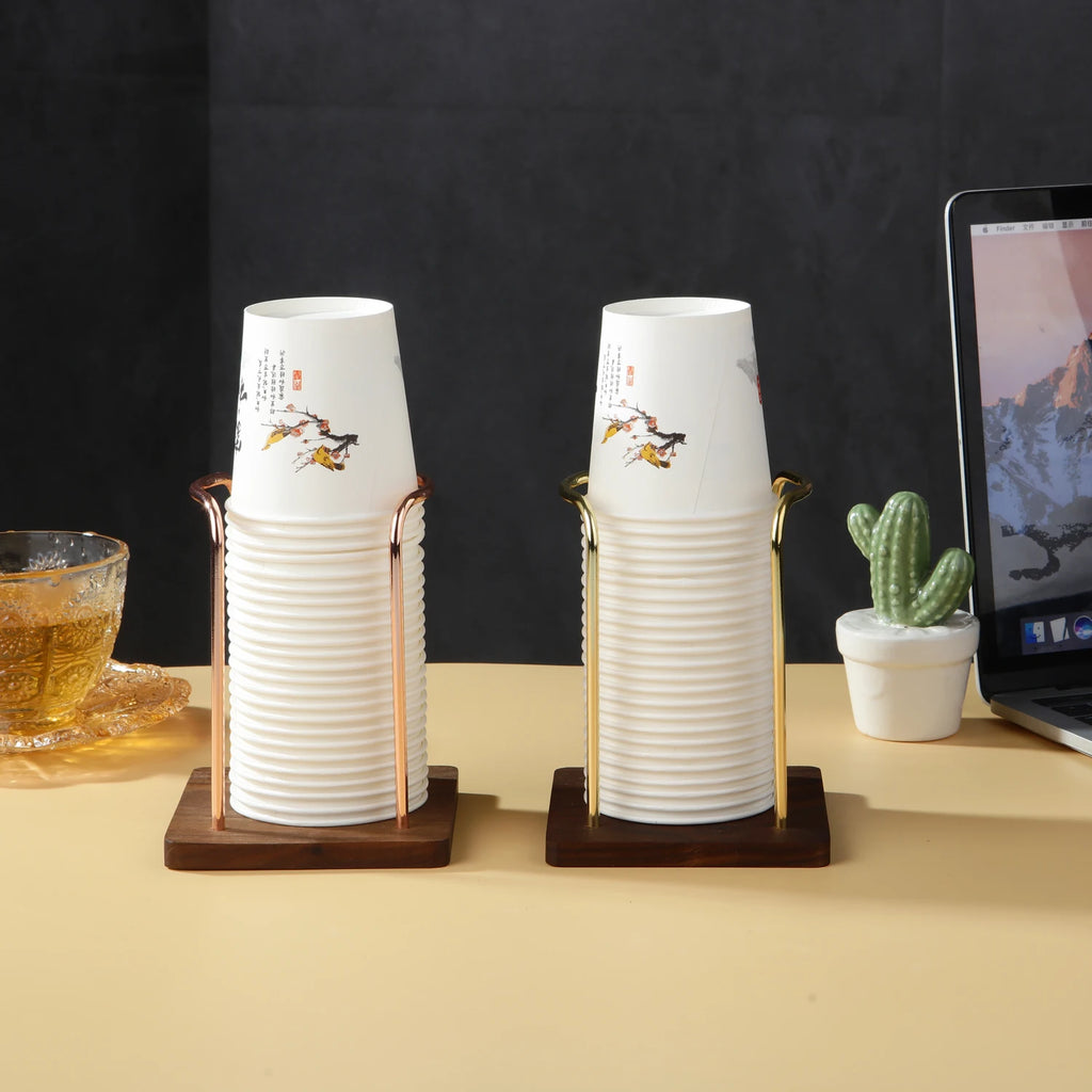 Soporte de almacenamiento de vasos desechables de metal, dispensador de tazas de agua y té, estante con base de madera, soporte de exhibición de tazas, organizador para el hogar