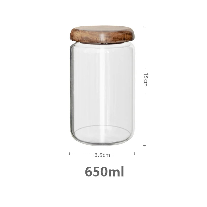 KEMORELA Transparent Food Storage Container Jar Acacia Wood Round Tea Jar Dried Fruit Snacks Kitchen Glass Sealed Storage Jar