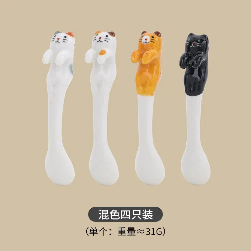 Taza de café de cerámica Ins, cuchara mezcladora para colgar, cuchara de postre para helado, cuchara colgante de gato tridimensional pintada a mano