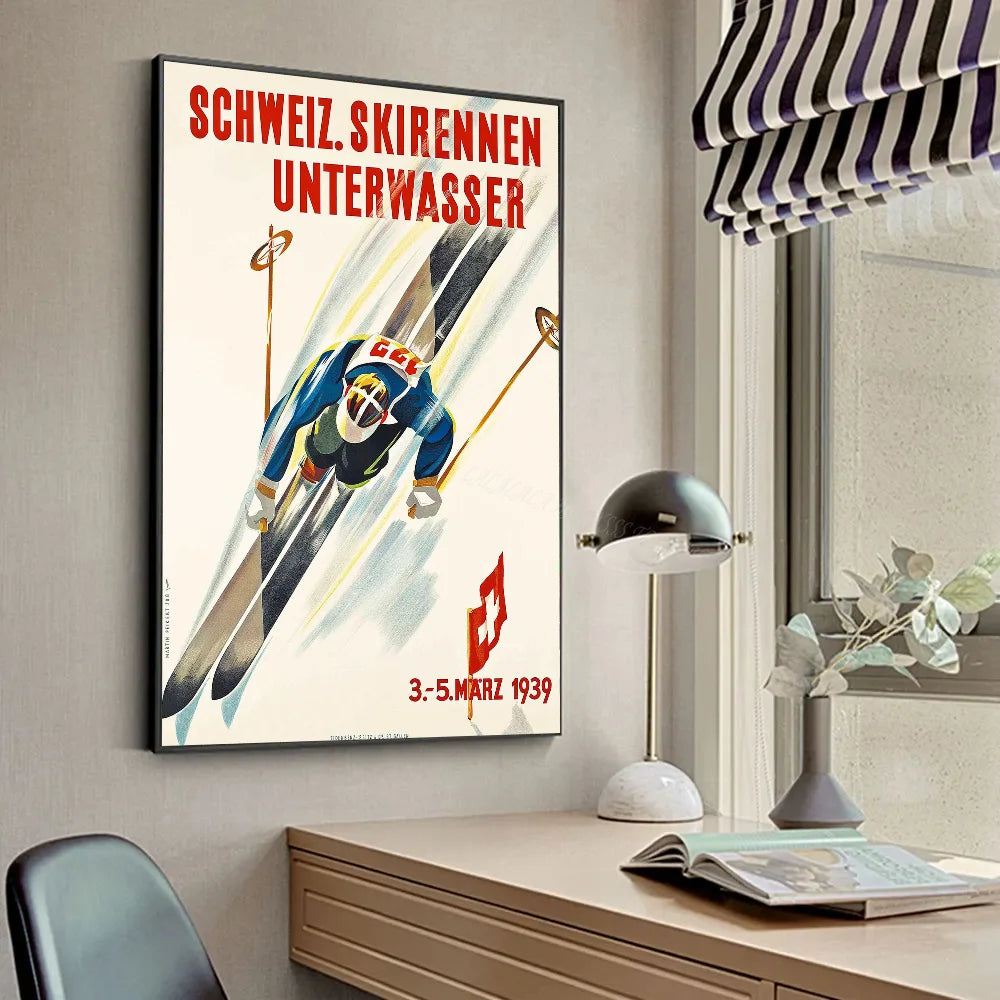 Póster de Arte de Esquí Vintage Montaña Nieve Suiza Bernesa HD Pósters Decoración Hogar Habitación Bar Cafetería Pintura Mural