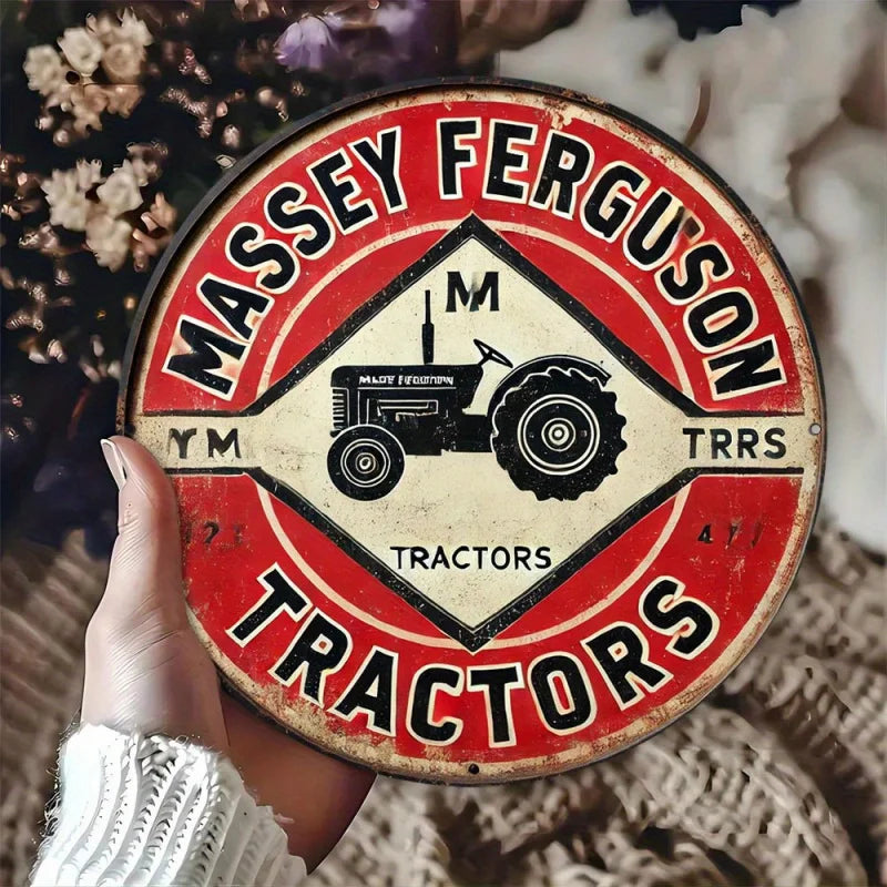 Letrero rústico vintage redondo de metal y aluminio de 1 pieza | Placa de estaño de tractor Massey Ferguson para decoración de pared | Retro, multiusos