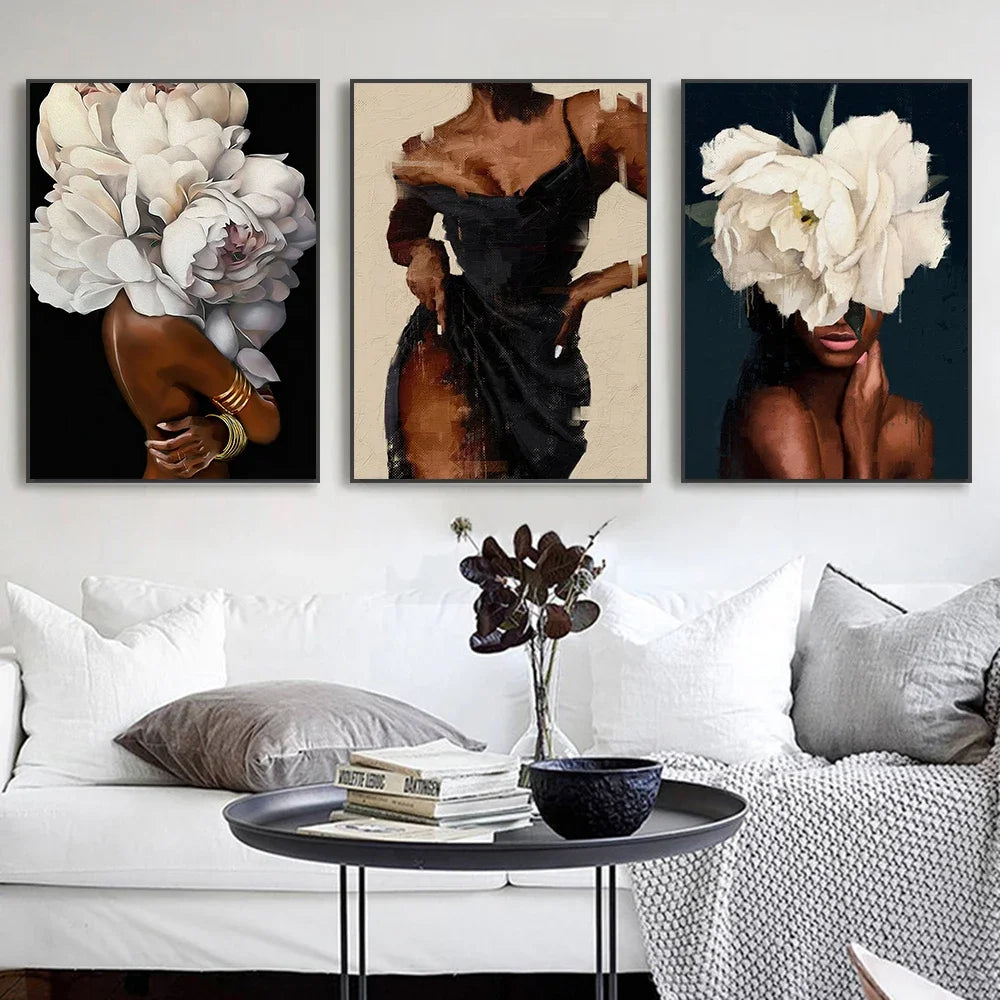 Clásico abstracto arte de pared mujer negra niña con flores lienzo impreso póster impresión póster decoración del hogar sala de estar dormitorio