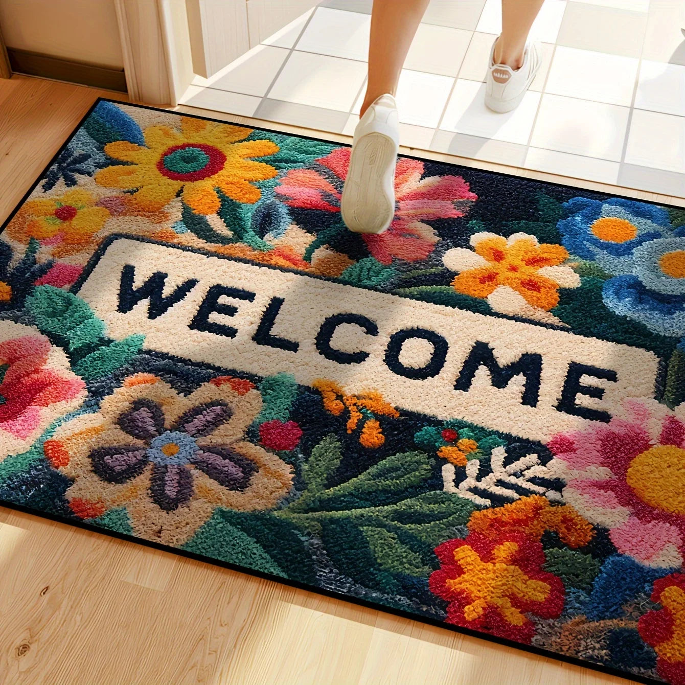 VIKAMA Hermoso Felpudo con Diseño Floral Antideslizante Alfombrilla Absorbente para Baño Alfombra para Dormitorio Sala de Estar Alfombra de Bienvenida