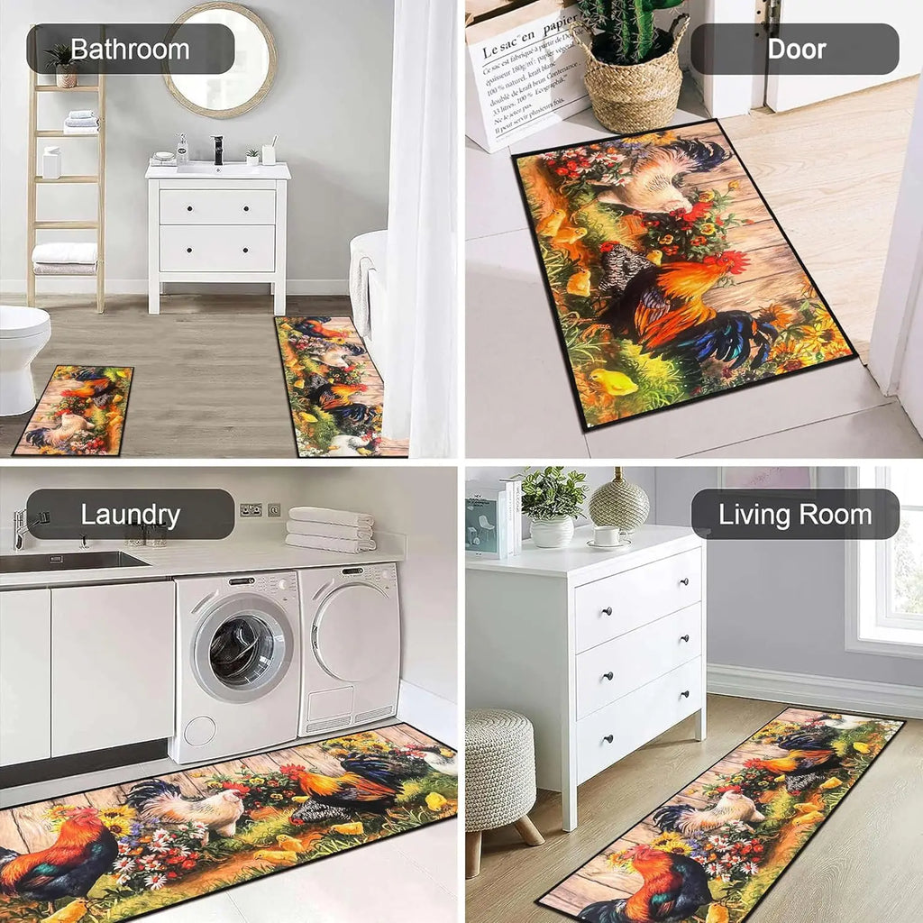 VIKAMA 1/2 piezas Alfombra de cocina con gallo para decoración del hogar, tapete decorativo de estilo rústico de granja, tapete antideslizante para pasillo