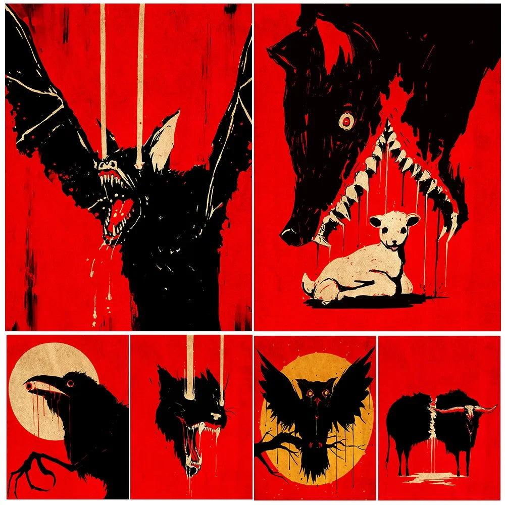 El lobo devora el cordero y el cuervo sangriento de la luna llena arte de pared vintage, animales de terror, póster e impresión de arte de minimalismo
