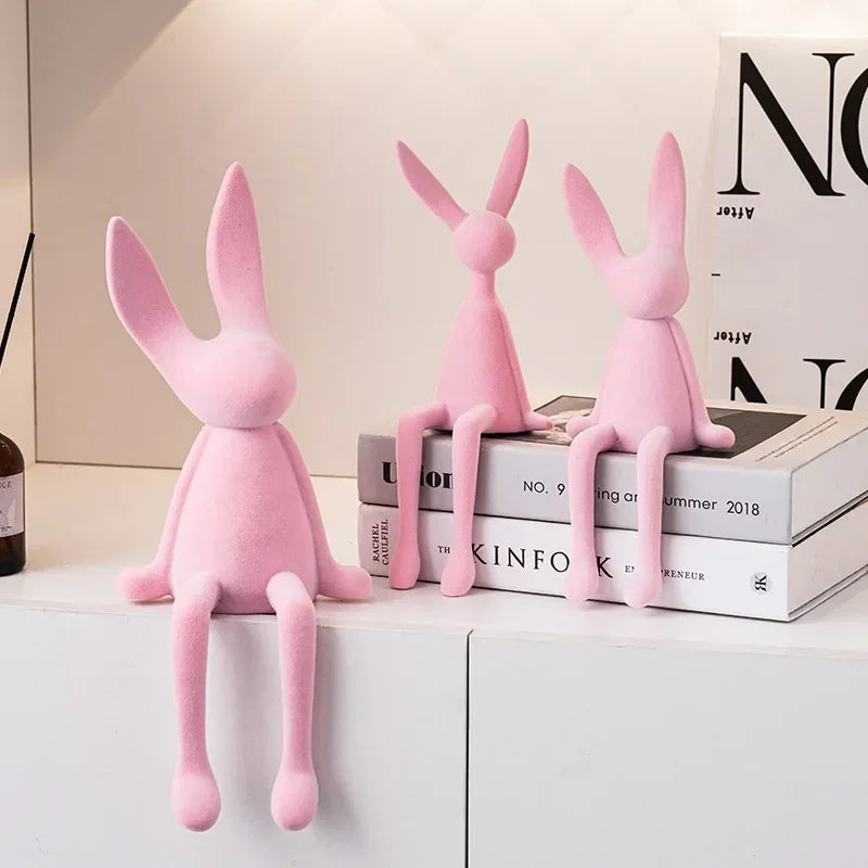 Estatua de conejo flocado de resina, escultura de animal, decoración de conejo hecha a mano, bonita figura de regalo de Pascua, elegante adorno de mesa