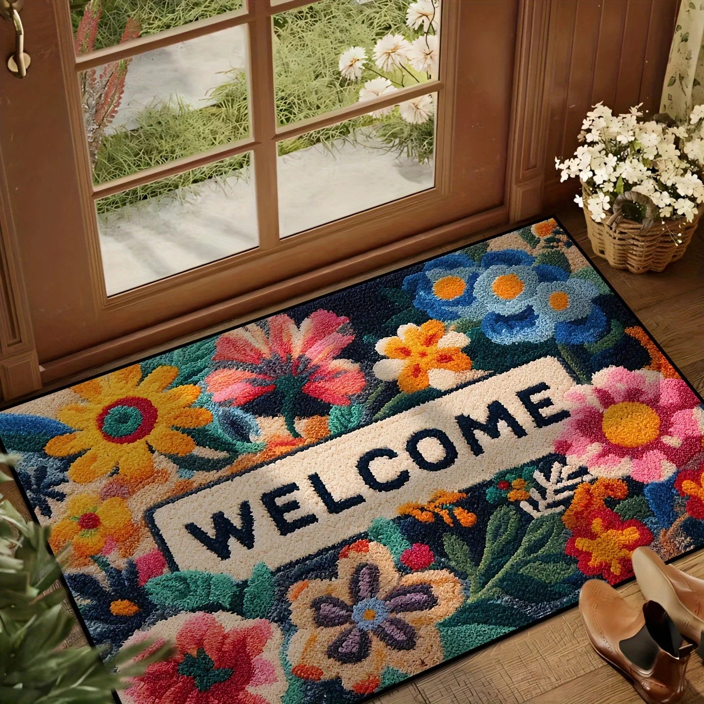 VIKAMA Hermoso Felpudo con Diseño Floral Antideslizante Alfombrilla Absorbente para Baño Alfombra para Dormitorio Sala de Estar Alfombra de Bienvenida