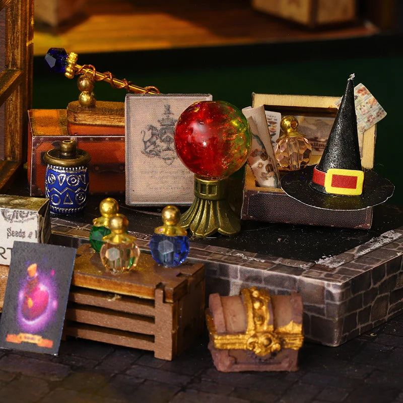 Miniature bricolage Magic Treasure House Book Nook - Puzzle 3D fait main, idée cadeau créative pour Noël, Halloween, Black Friday