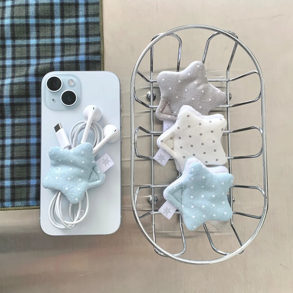 Accesorios de decoración para auriculares japoneses Y2K, bolsa de almacenamiento para auriculares de tela hecha a mano con estrellas y ondas, organizador de cables de datos