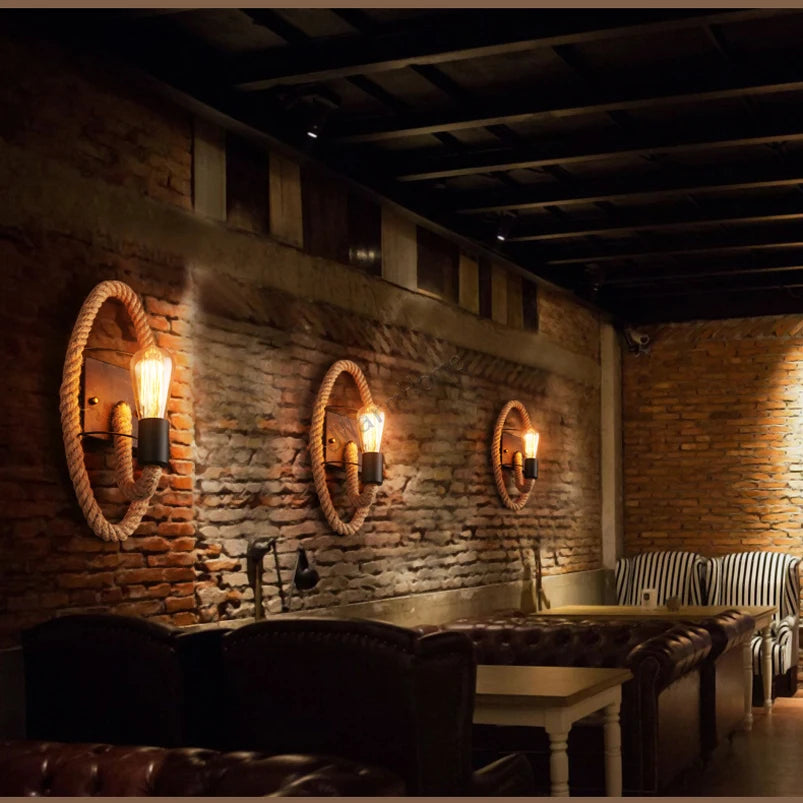 Lámpara de pared Loft retro con cuerda, escalera, pasillo, dormitorio, sala de estar, restaurante, pub, cafetería, aplique de pared redondo