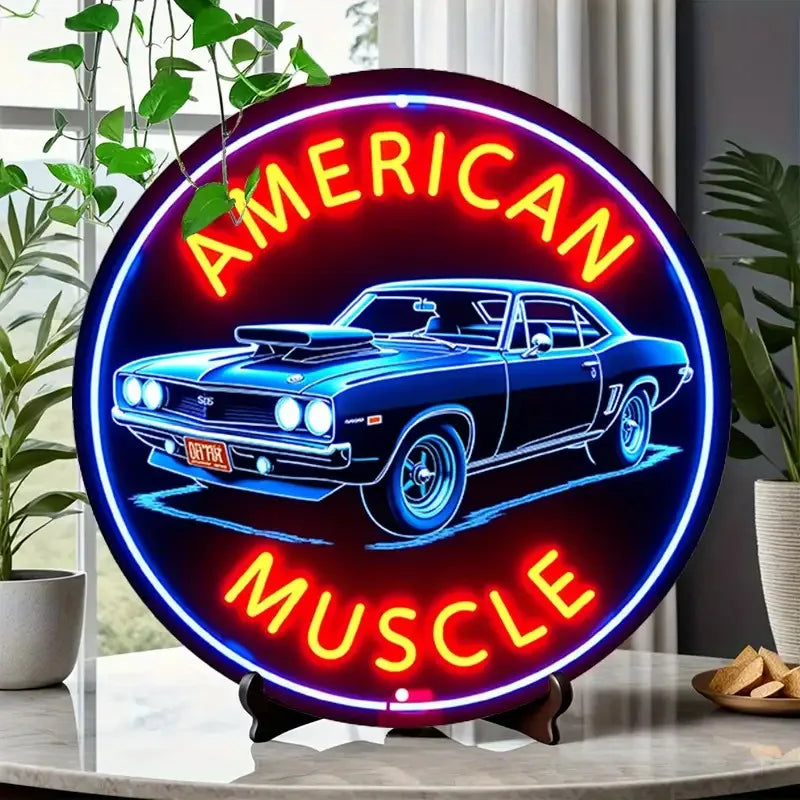 1 Letrero de Neón de Coche Clásico Americano de Inspiración Vintage, Arte de Pared Redondo de Aluminio con Bordes Elegantes, Rojo y Azul Brillante, Perfecto para Cafetería