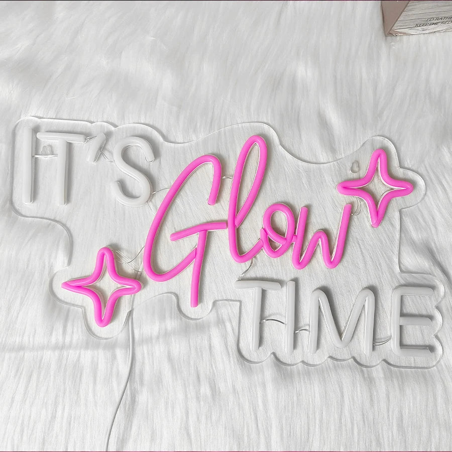 Enseigne Néon « It's Glow Time », Icône Cœur Rose Faite Main Alimentée par USB, Utilisée pour les Enterrements de Vie de Garçon, les Salons de Beauté, la Décoration Artistique des Salons de Manucure.