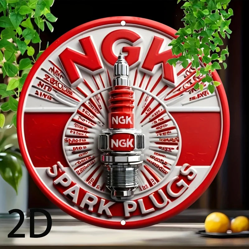 Letrero de pared de aluminio NGK Spark Plugs 2D plano, placa redonda de metal retro 2D, perforado previamente, impermeable, resistente a la intemperie