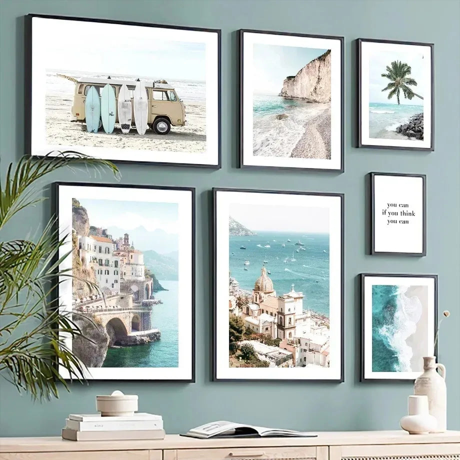 Planche de Surf Mouette Parasol Mer Bleue Tableau Mural sur Toile Affiches et Impressions Nordiques Photos Murales Pour Salon Décoration