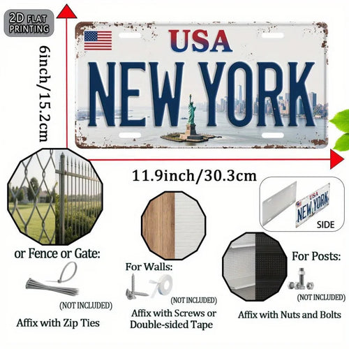 2DPlano, Impresión Plana 2D, 1 Pieza, Matrícula de Aluminio Metálica Retro Americana de Nueva York, Letrero Decorativo y Placa