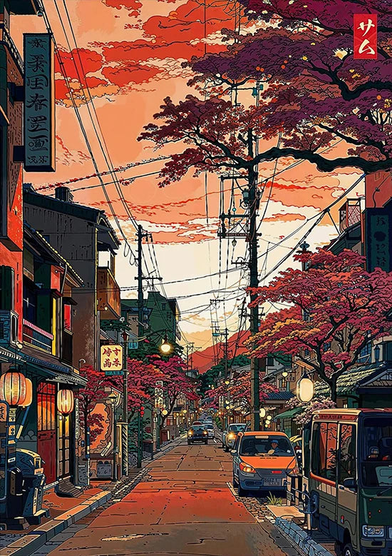 Tokio Paisaje Anime Ilustración Lámina Póster Escena Nocturna Japonesa Fuji Estilo Pintura Vintage Arte Decorativo Lienzo Arte de Pared Retro