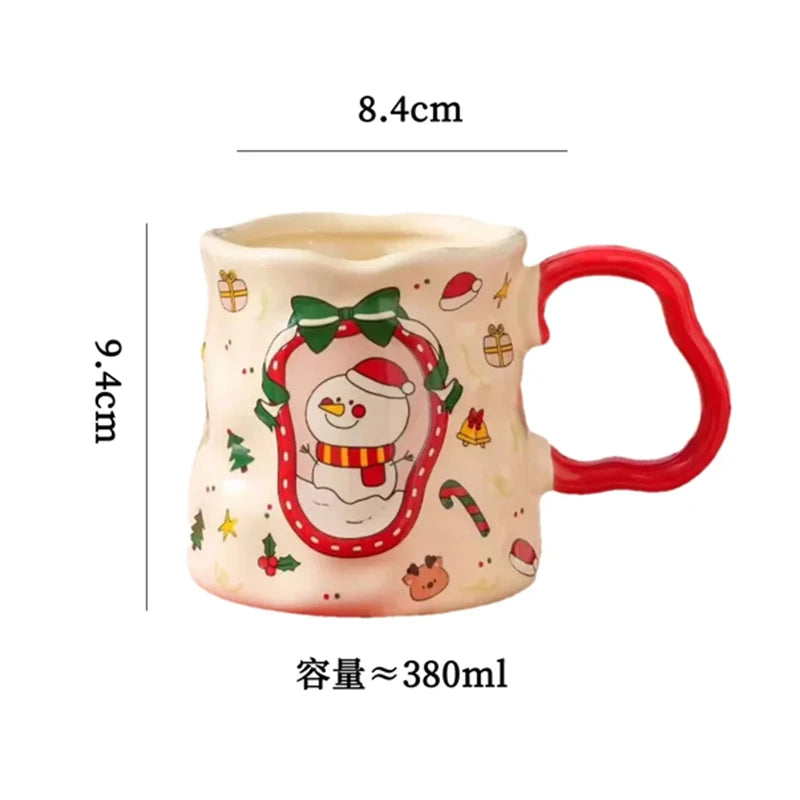 Juego de tazas de cerámica navideñas, tazas festivas de 380 ml con diseños de muñeco de nieve/Papá Noel/árbol, diseño adorable, regalo ideal de Navidad y vajilla, 4 estilos