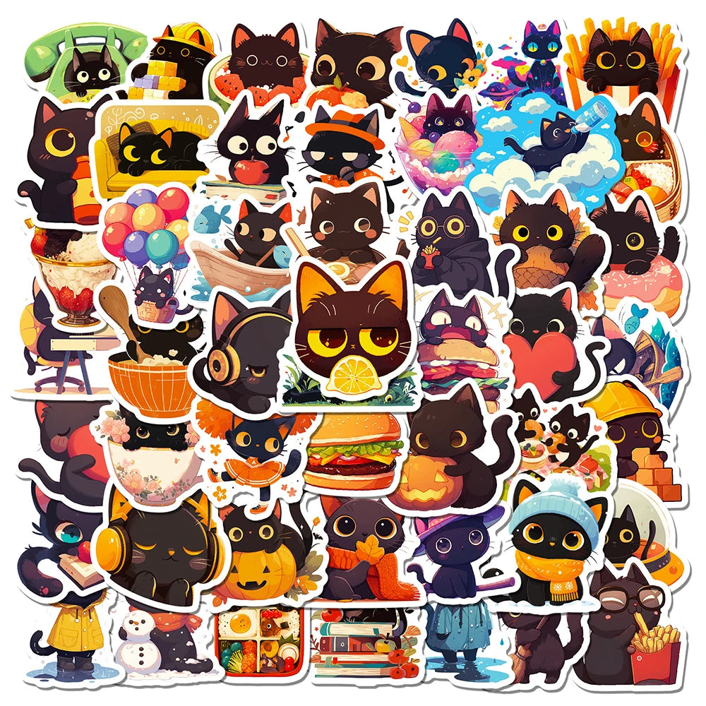 10/30/50pcs Mignon Chat Noir Graffiti Autocollants Esthétiques Décalcomanies Réfrigérateur Ordinateur Portable Téléphone Drôle Papeterie Autocollant Jouets pour Enfants